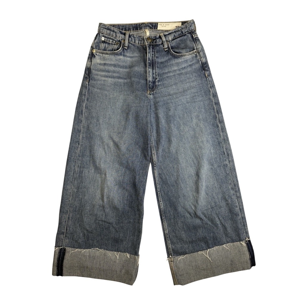 Rag & Bone Jeans Sophie High Rise Cuffed Ultra Wide Crop Color Pebble Raw Sz 27